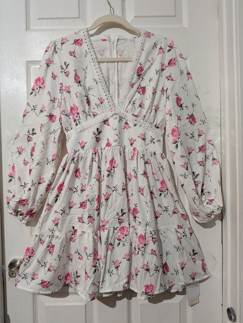 Commense Long Puff Sleeve V Neck Floral Print Short Mini Dress - Picture 12 of 13